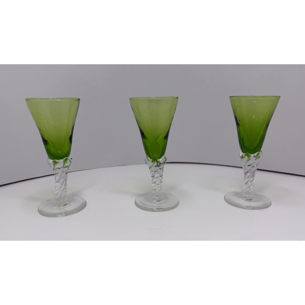 Vintage Green Glass Cordial Glasses Set of 3 Clear Twisted Stem